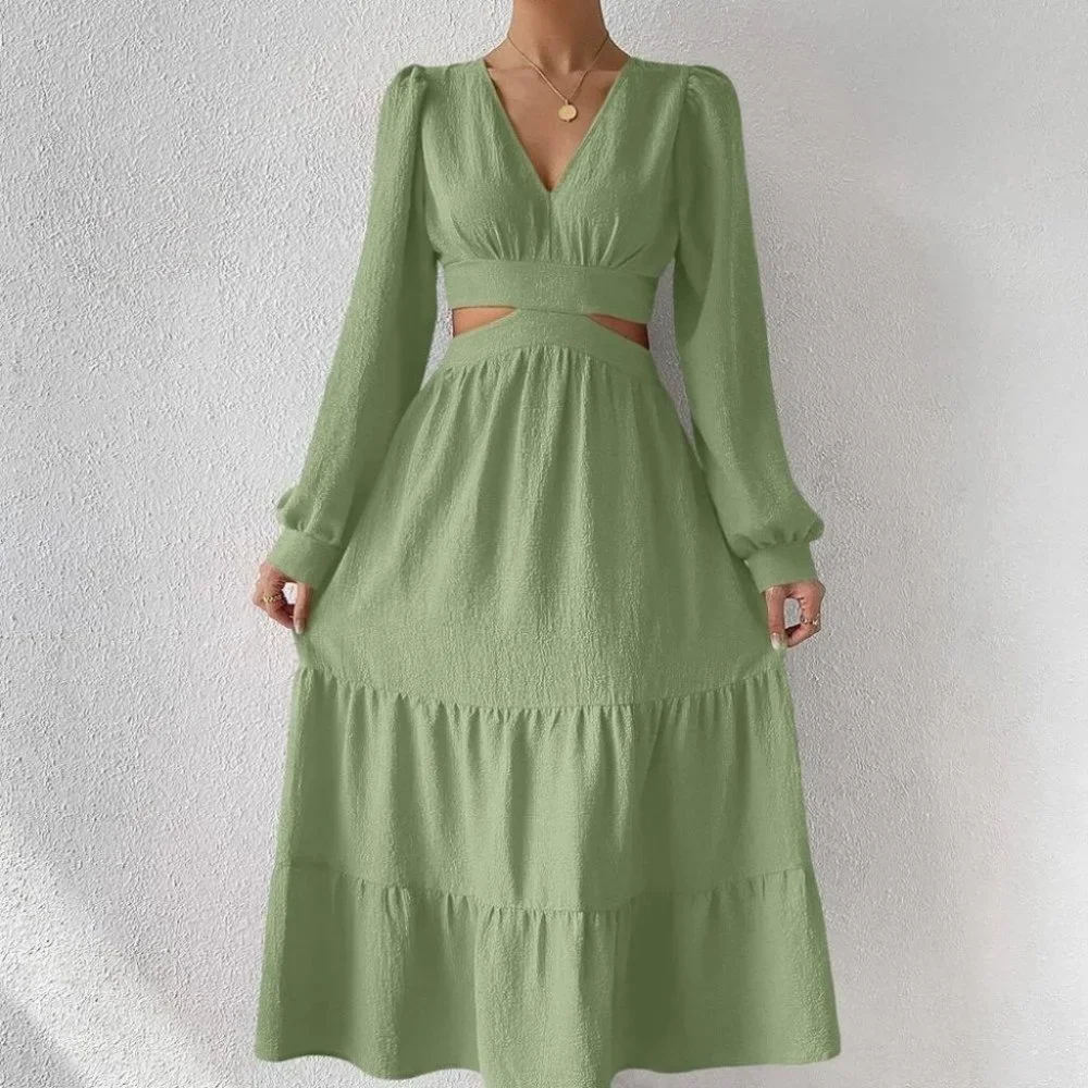 Cut Out Waist Lantern Sleeve Ruffle Hem green Dress maxi - Picture 3 of 5